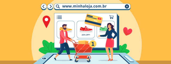 Ilustração de um casal realizando compras em uma loja virtual