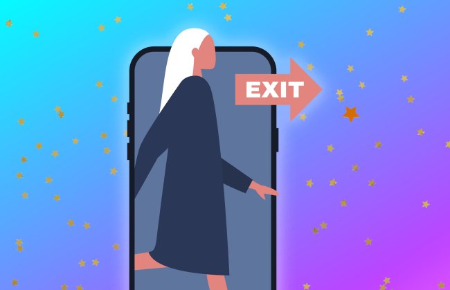 Já passou da hora de você desintoxicar esse seu feed do Instagram Ilustração de uma mulher com cabelo platinado saindo da tela do celular. À direita, temos uma placa de